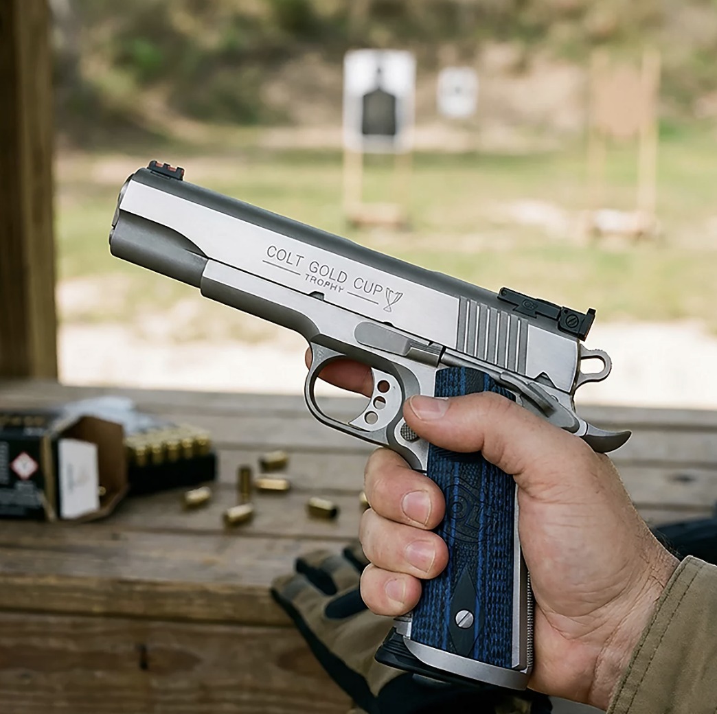 Colt Gold Cup Trophy held at shooting bench