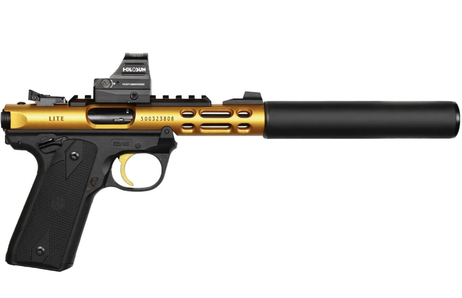 Ruger Mark IV 22/45 Lite gold — side profile with Holosun and suppressor